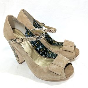 Seychelles Beige Suede Peep Toe Heels with Bow & Snakeskin Trim
